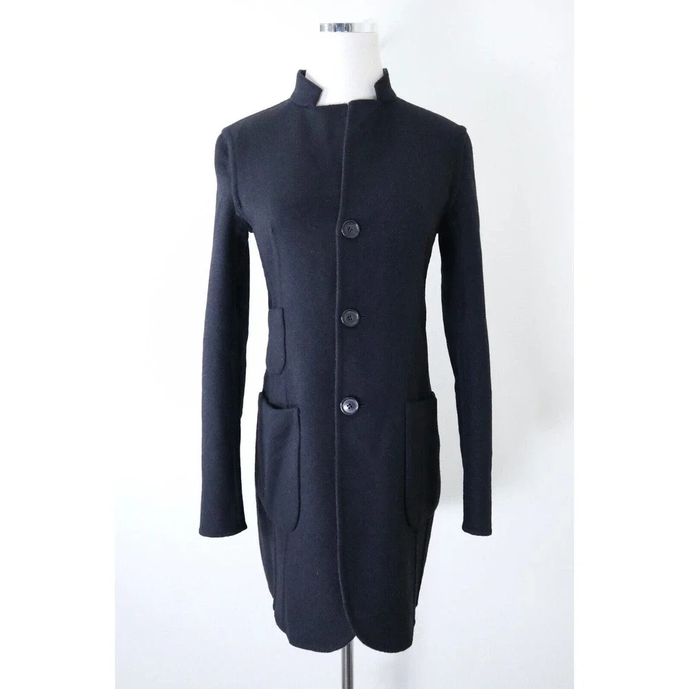 Akris US 4 Double Faced Wool Reversible Longline Jacket Navy Plaid Black - Picture 9 of 16